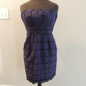 J Crew Sz 4 Strapless Dress with Pockets Navy Blue Cotton  Scalloped Edge Eyelet